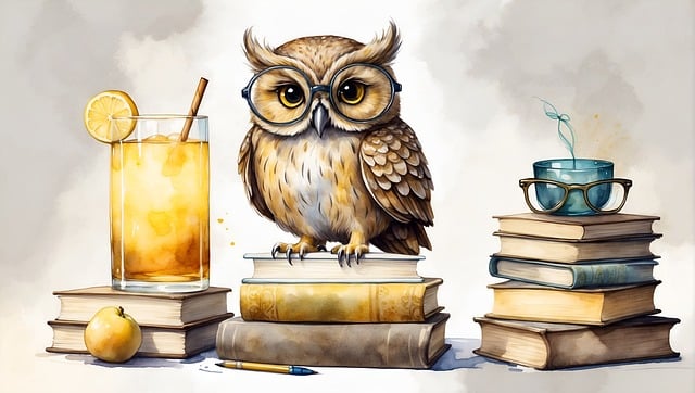An owl perched on a stack of books
