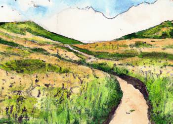 A dirt path passing through grassy hills